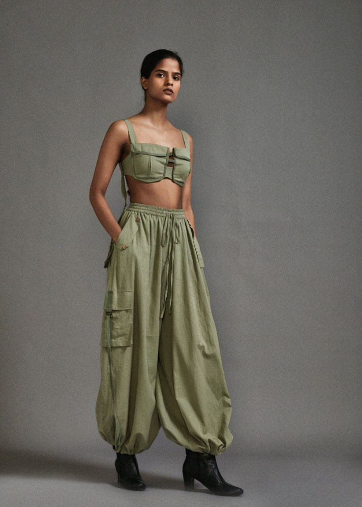 A Model Wearing Green Handwoven Cotton Cargo Pants , curated by Only Ethikal