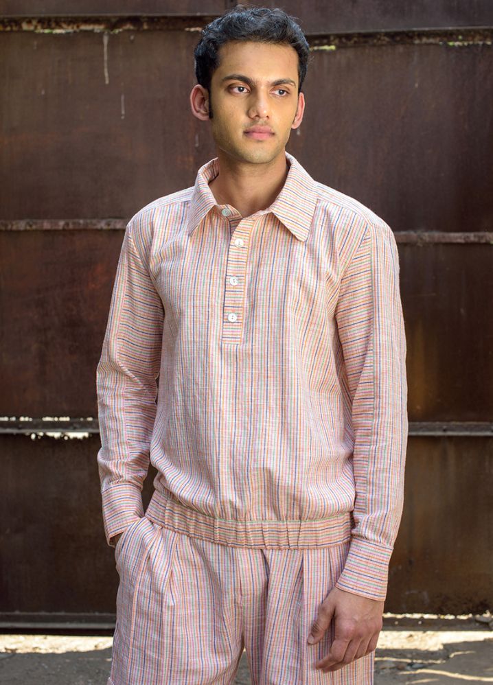 A model wearing Striped Multicolor Handwoven Cotton Jumper Shirt, curated by Only Ethikal