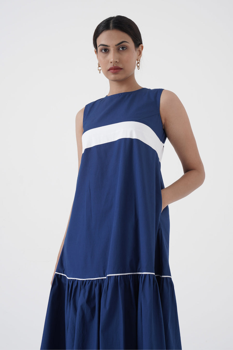 A Model Wearing Blue Pure Cotton Eurythmic - White patti on chest dress - Blue, curated by Only Ethikal