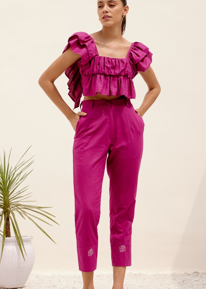 A Model Wearing Pink Hemp Magenta Flush Pants, curated by Only Ethikal