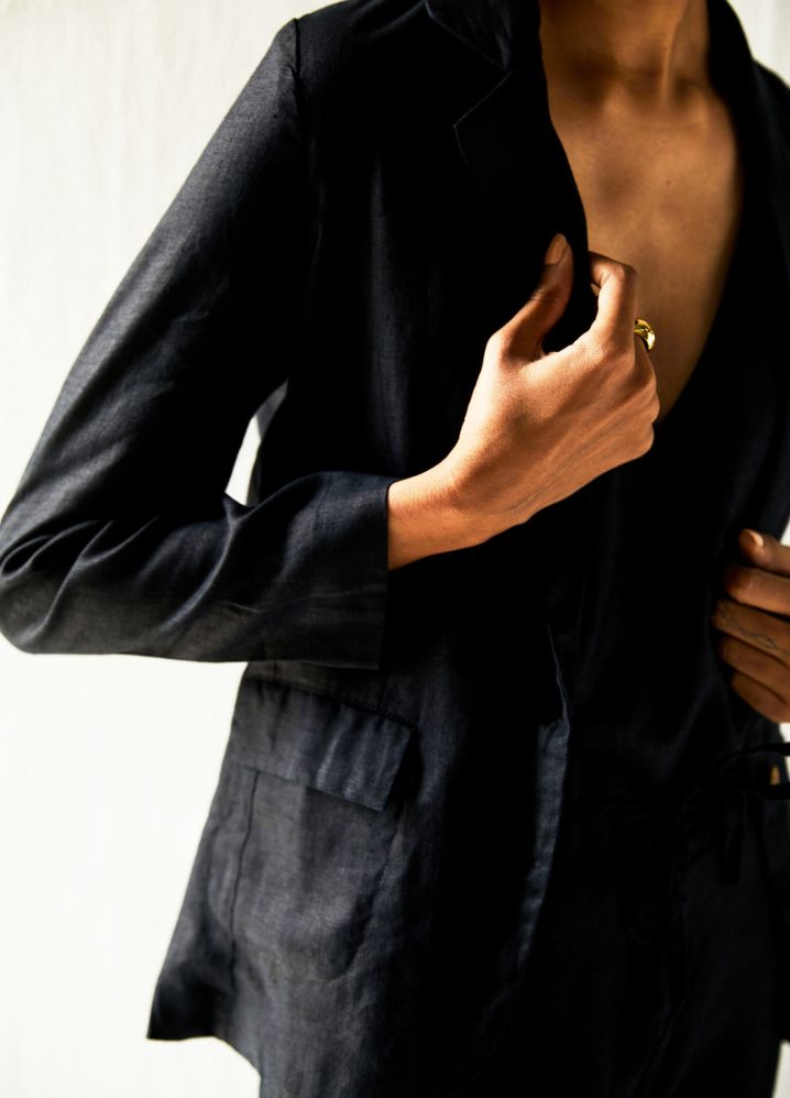 A Model Wearing  Black Hemp The She'S Everything Blazer, curated by Only Ethikal