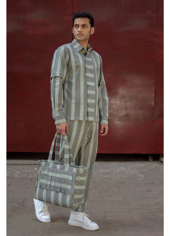 A model wearing Striped Grey Handwoven Cotton Detachable Sleeve Shirt, curated by Only Ethikal