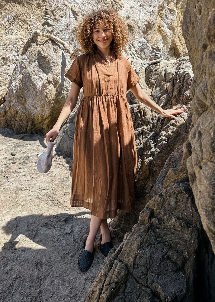 A Model Wearing Brown Handwoven Cotton Antique brown midi dress, curated by Only Ethikal
