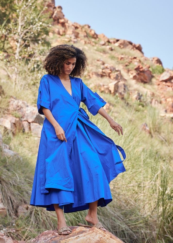 A Model Wearing Blue Pure Cotton Azure's Mist Co-ord Set, curated by Only Ethikal