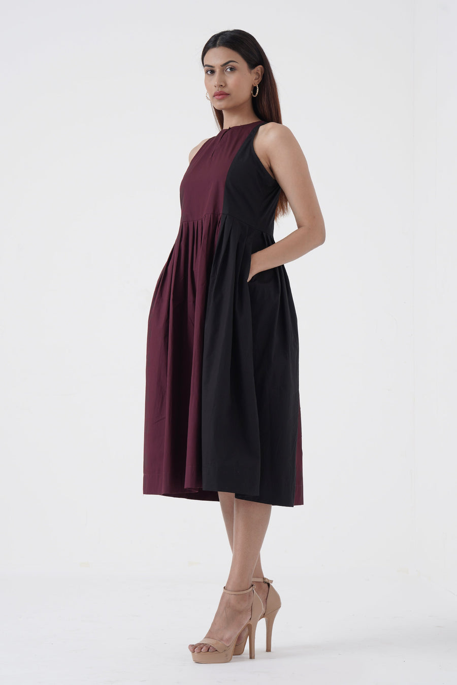 A Model Wearing Brown Pure Cotton Pristine- 70-30 Pleated dress- Wine, curated by Only Ethikal