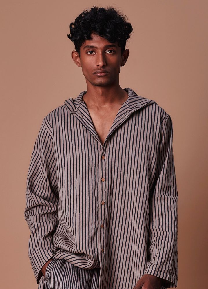 A Model Wearing  Striped Grey Pure Cotton Men's Grey Hooded Striped Kurta, curated by Only Ethikal