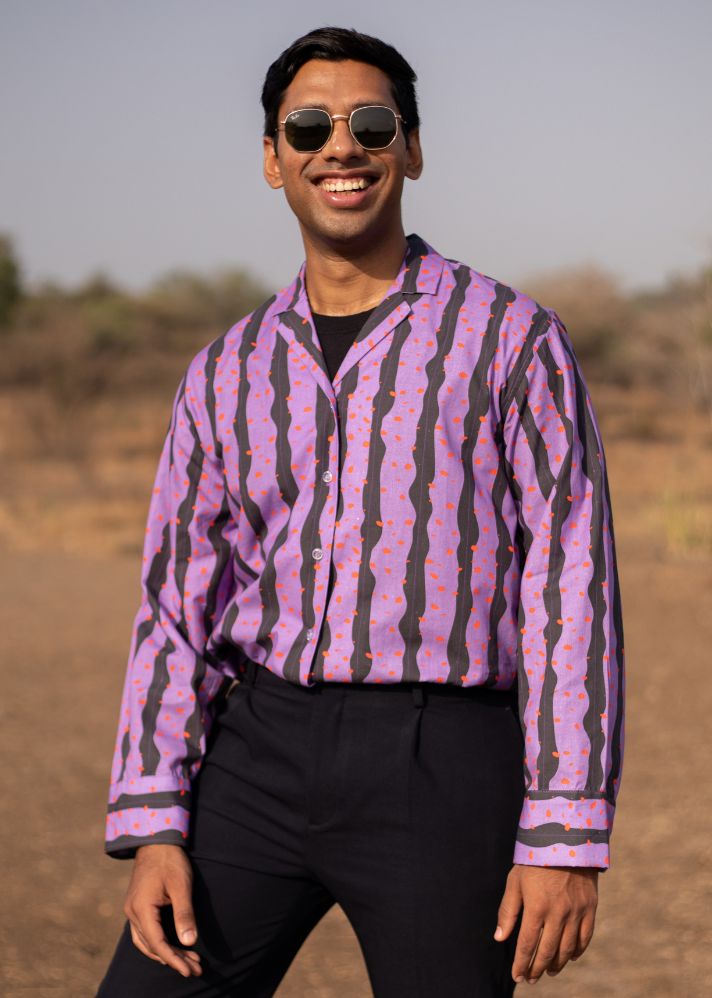 Man wearing Pure Cotton Purple Leilani Unisex Shirt by Label Graph curated by Only ethikal