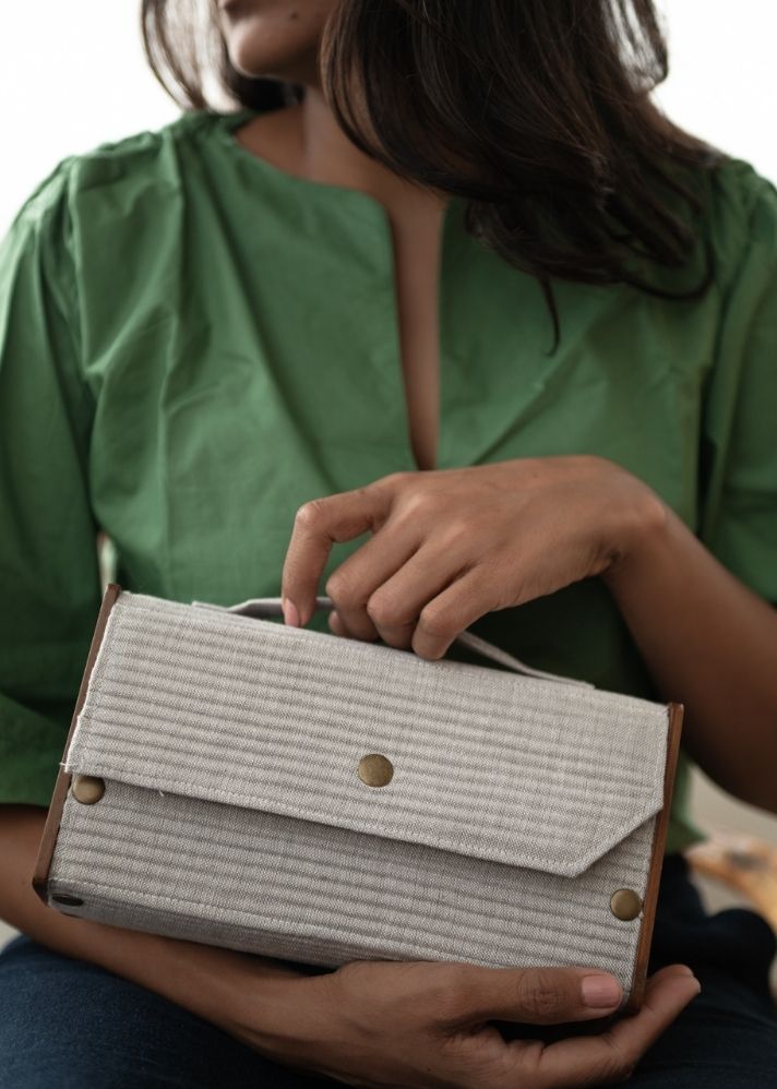 Product image of Multicolor Upcycled Cotton Fog & Sage Box Clutch - Changeable Sleeve, curated by Only Ethikal