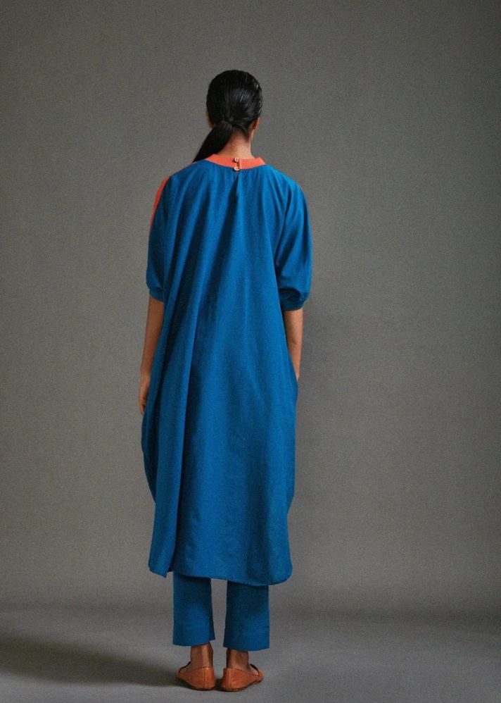 A Model Wearing Rust and Blue Handwoven Cotton Cb Cowl Tunic Set, curated by Only Ethikal