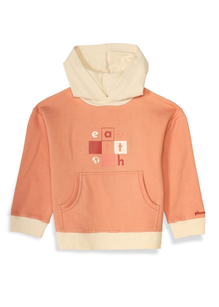 A Model Wearing Orange Pure Cotton Planet First Dusty Pink Colour Blocked Earth Unisex Hoodie, curated by Only Ethikal