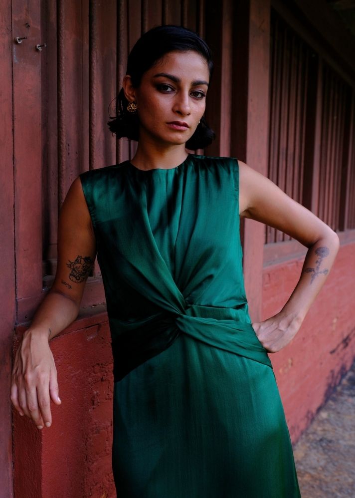 A Model Wearing Green Silk Razia Dress, curated by Only Ethikal