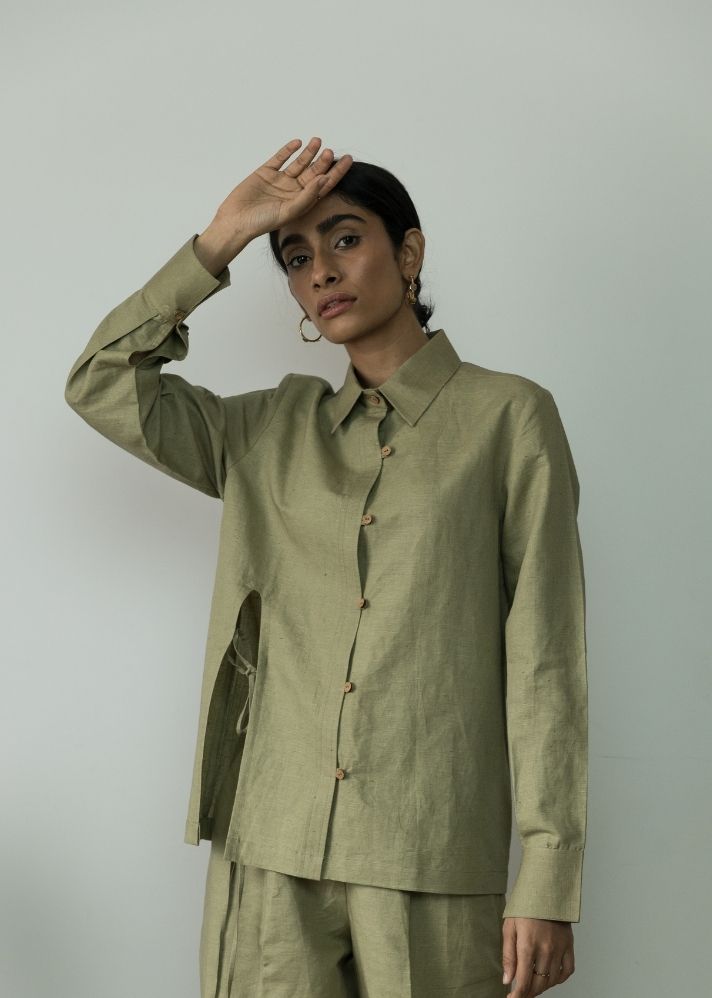 A Model Wearing Green Hemp Front Slit Shirt, curated by Only Ethikal