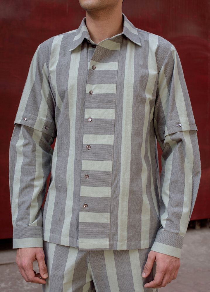 A model wearing Striped Grey Handwoven Cotton Detachable Sleeve Shirt, curated by Only Ethikal