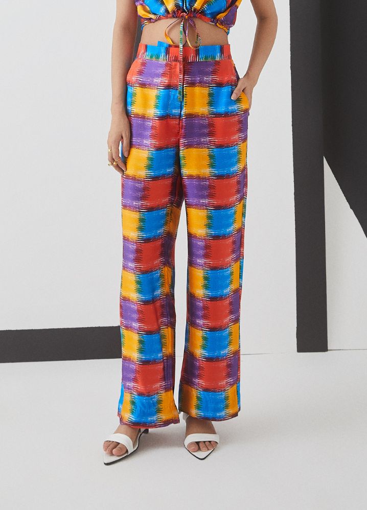 A Model Wearing  Digital Print Multicolor Bemberg Baltimore Check Cropped Shirt+ Straight Pants, curated by Only Ethikal