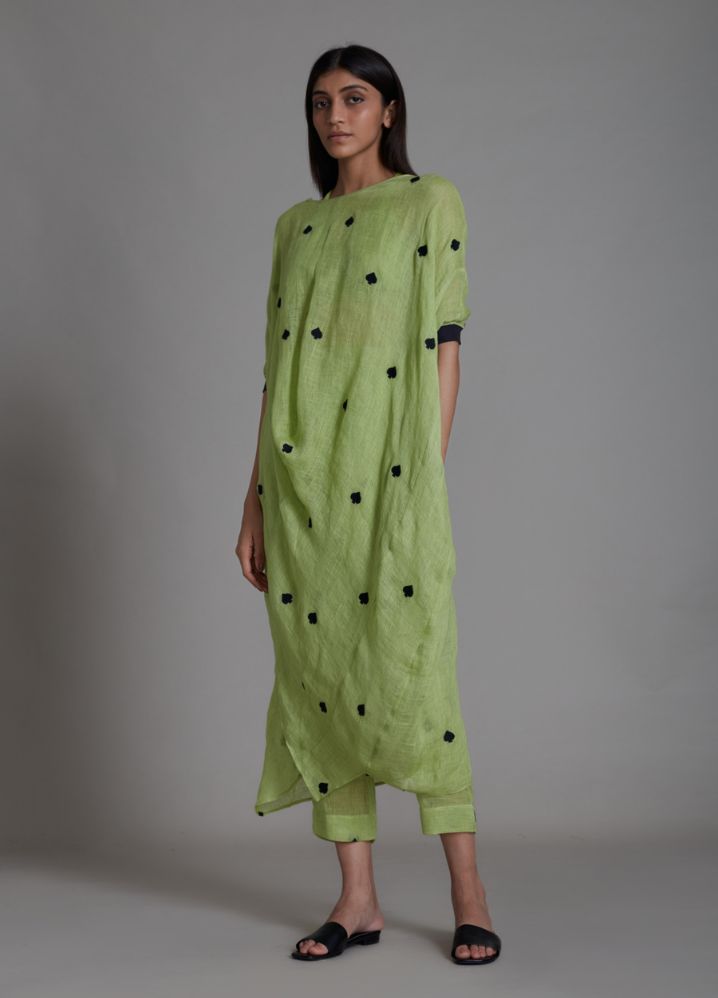 A Model Wearing Green Linen Call Dress - Green, curated by Only Ethikal
