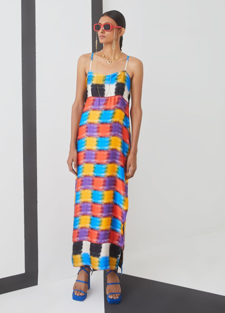 A Model Wearing  Digital Print Multicolor Bemberg Baltimore Check Slip Dress, curated by Only Ethikal