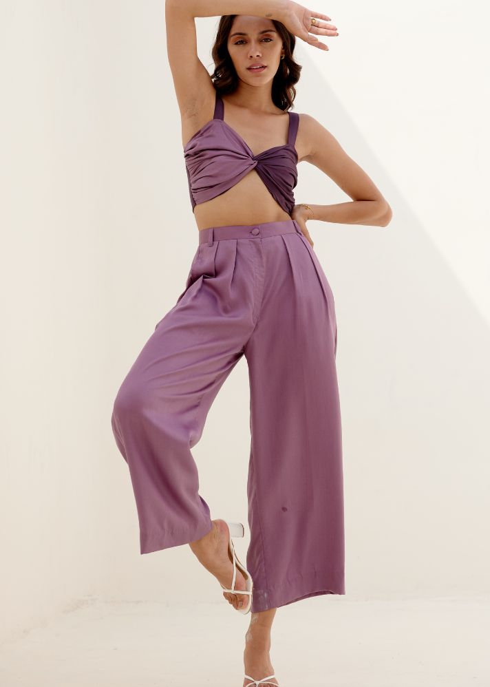 A Model Wearing Purple Lyocell Lavender Luna Pleated Pants, curated by Only Ethikal