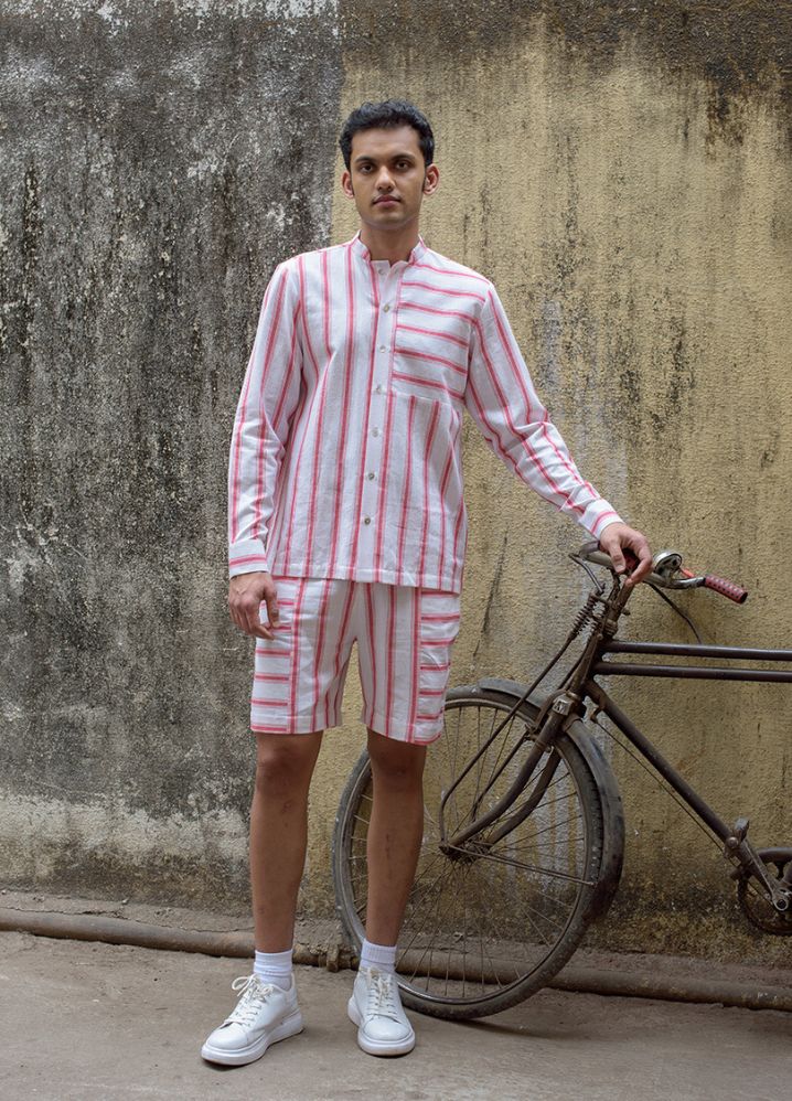 A model wearing Striped Multicolor Handwoven Cotton Mandarin Collar Shirt, curated by Only Ethikal