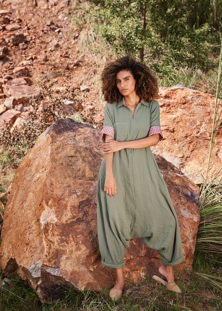 A Model Wearing Green Pure Cotton Talk To Me Jumpsuit, curated by Only Ethikal