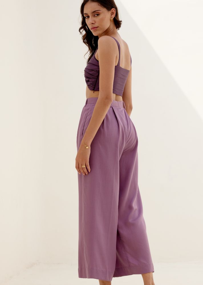 A Model Wearing Purple Lyocell Lavender Luna Pleated Pants, curated by Only Ethikal