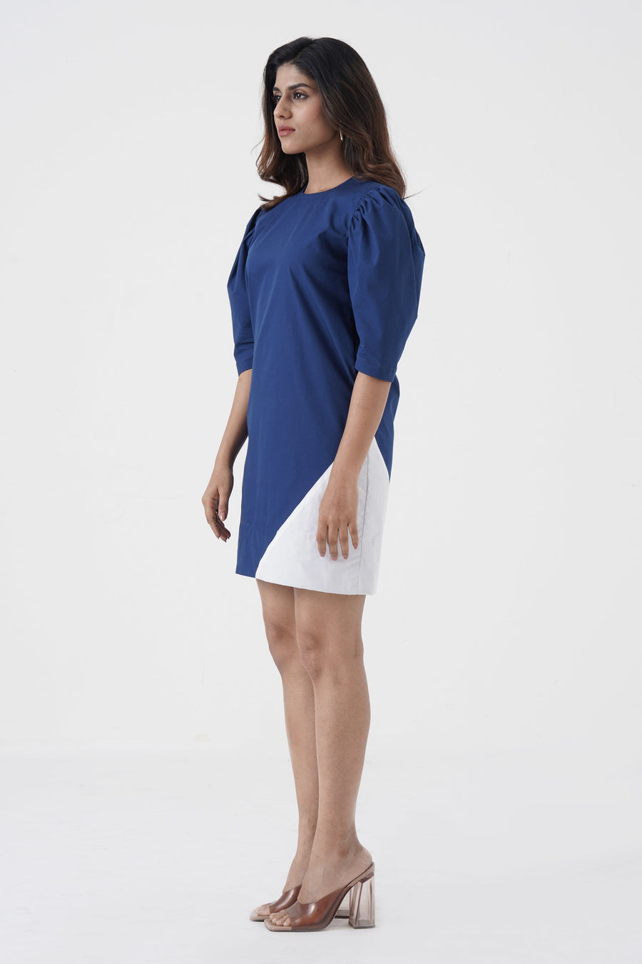 A Model Wearing Blue Pure Cotton Amour Propre - Cowl sleeves chic dress - Blue, curated by Only Ethikal
