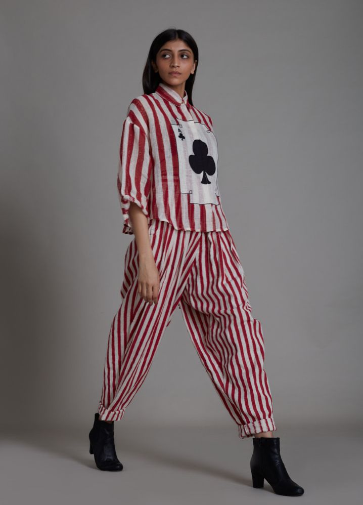 A Model Wearing Stripped Multicolor Handwoven Cotton Ikka Balloon Pants - Red Stripe, curated by Only Ethikal