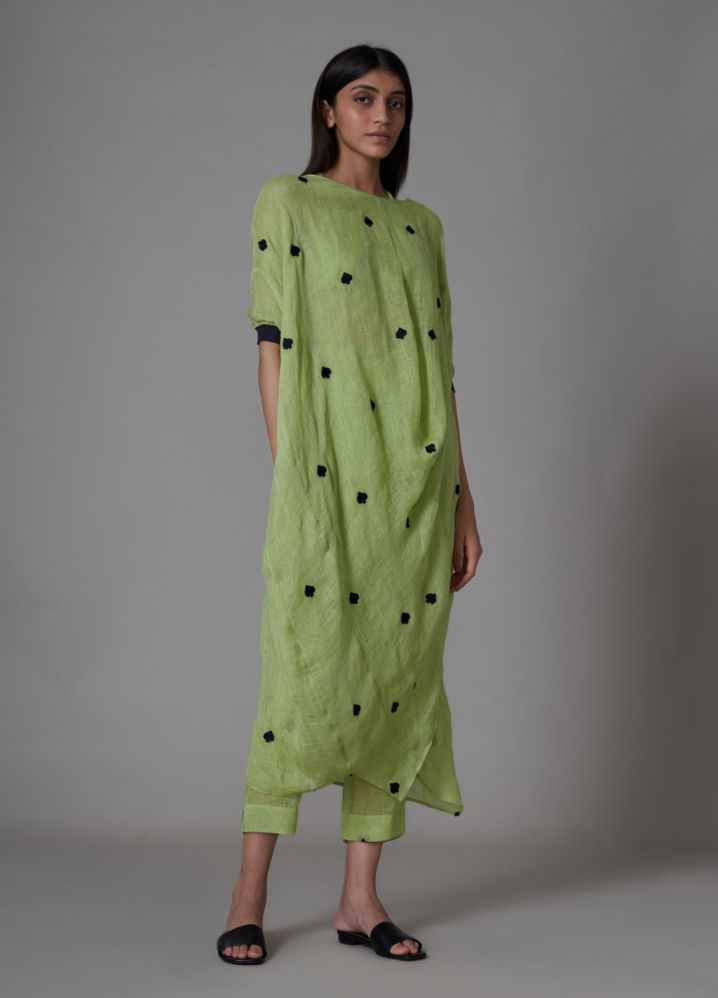A Model Wearing Green Linen Call Dress - Green, curated by Only Ethikal