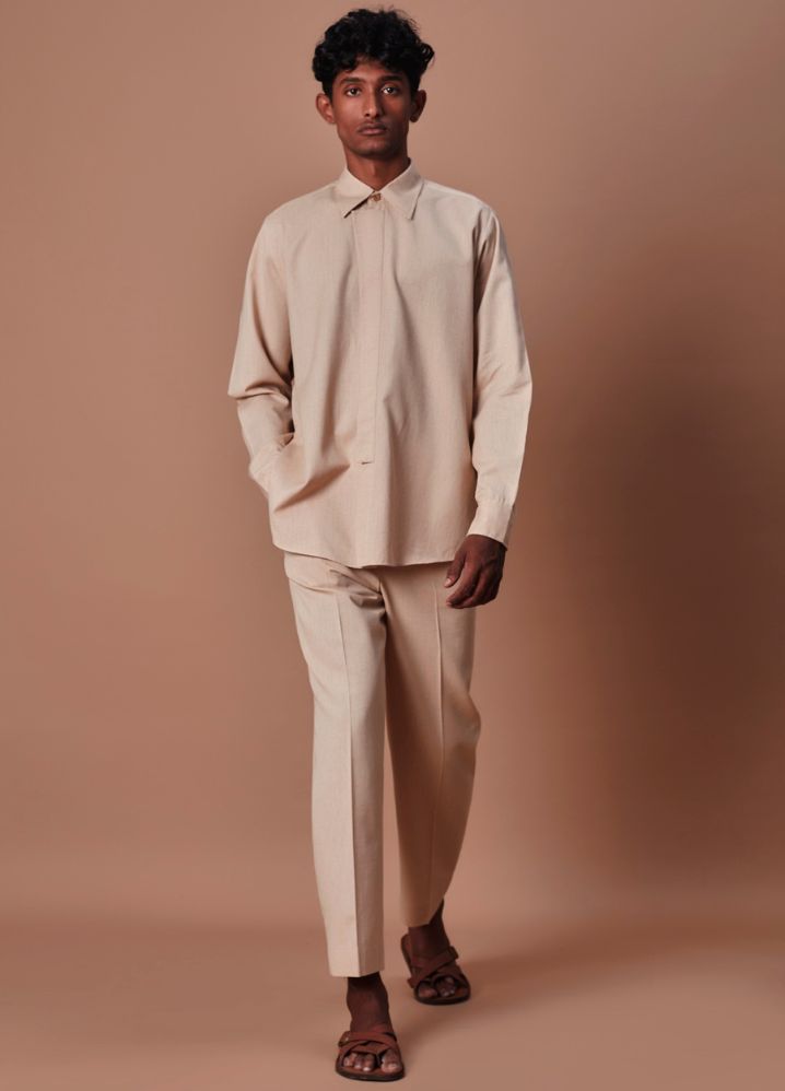 A Model Wearing  Beige Pure Cotton Beige Placket Shirt And Ankle Pant Set, curated by Only Ethikal