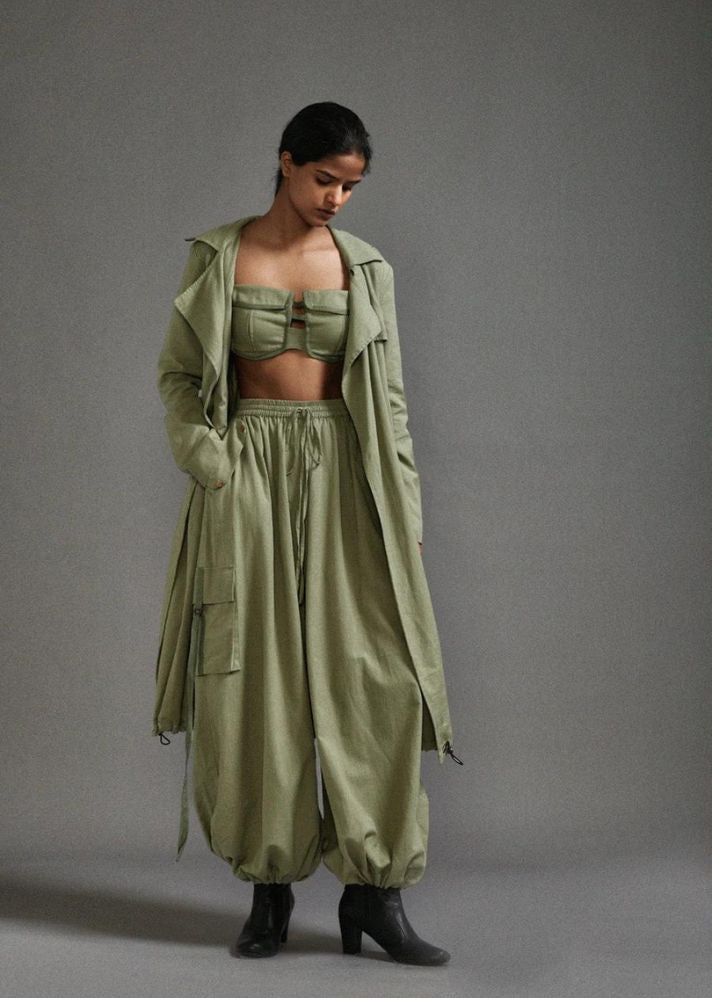 A Model Wearing Green Handwoven Cotton Safari Cargo Trench Set, curated by Only Ethikal
