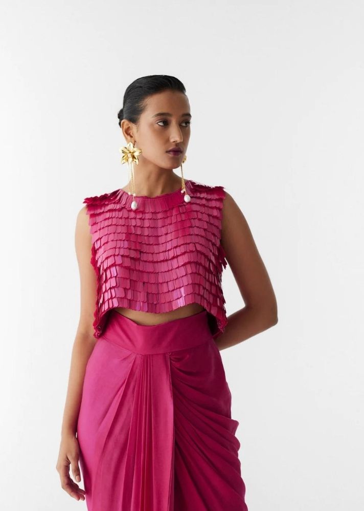 A Model Wearing Pink Organic Cupro Scralet Sequin Blouse & Knot Skirt, curated by Only Ethikal