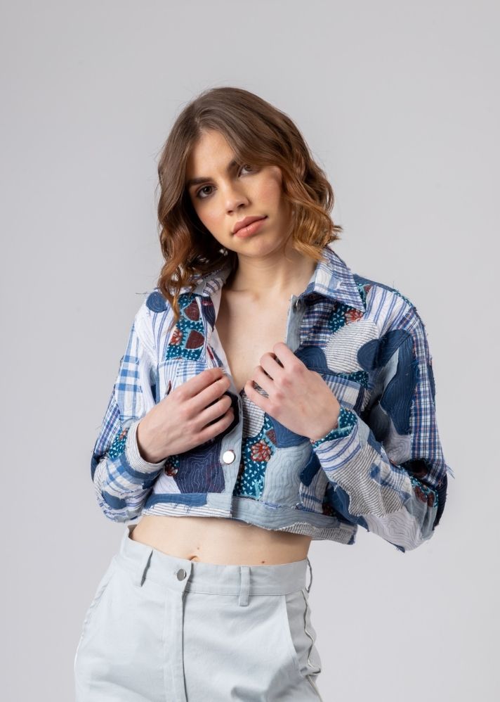 A Model Wearing Blue Upcycled Cotton June Patchwork Jacket, curated by Only Ethikal