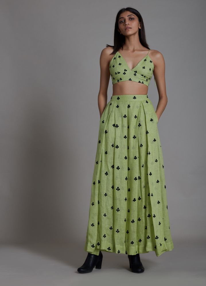 A Model Wearing Green Linen Club Lehenga- Green, curated by Only Ethikal