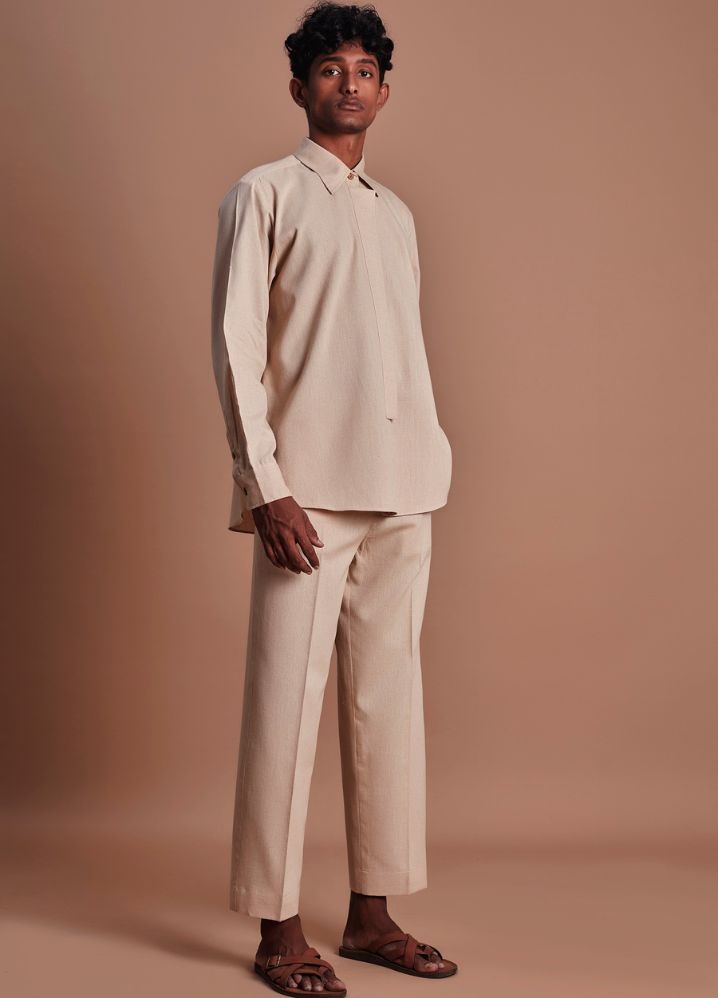 A Model Wearing  Beige Pure Cotton Beige Placket Shirt And Ankle Pant Set, curated by Only Ethikal