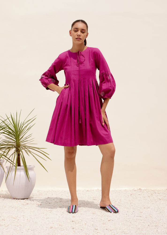 A Model Wearing Pink Hemp Magenta Mid Summer Dress, curated by Only Ethikal