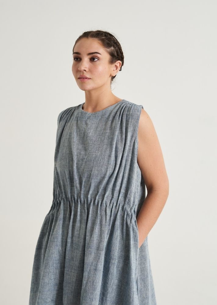 A Model Wearing Blue Handwoven Cotton Whispering Currents midi Dress, curated by Only Ethikal
