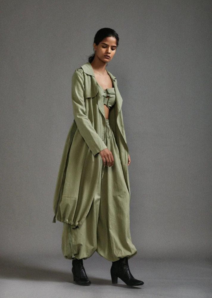 A Model Wearing Green Handwoven Cotton Safari Trench Jacket , curated by Only Ethikal