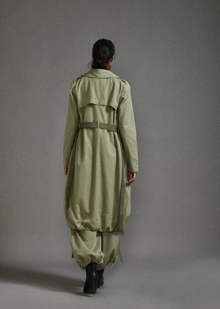 A Model Wearing Green Handwoven Cotton Safari Cargo Trench Set, curated by Only Ethikal