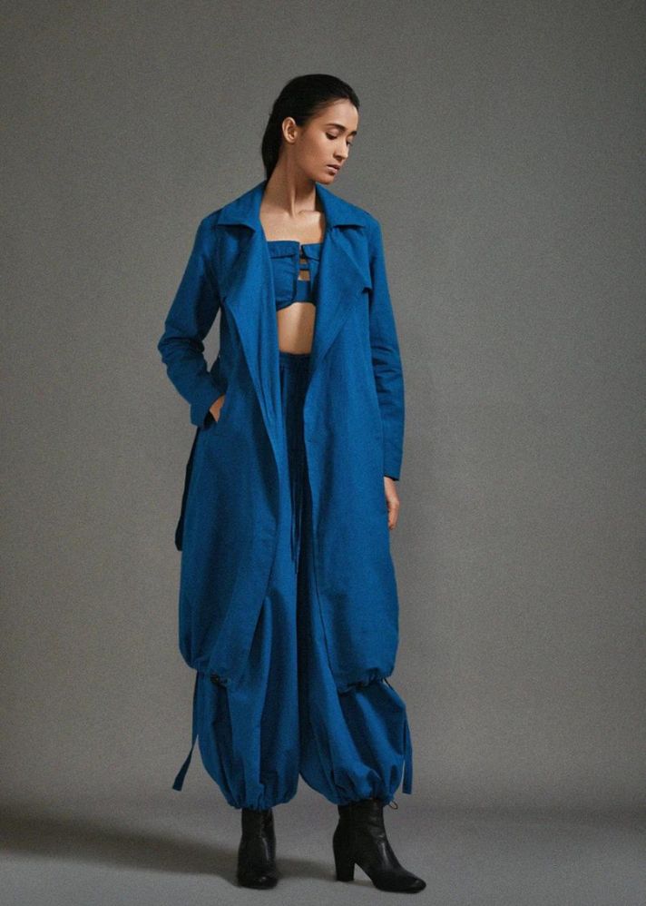 A Model Wearing Blue Handwoven Cotton Safari Trench Jacket , curated by Only Ethikal
