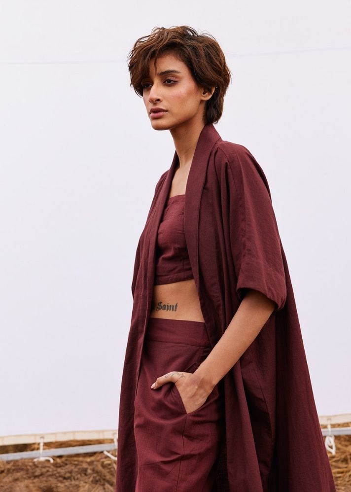 A Model Wearing Red Cotton Khadi Wine Co-Ord Set, curated by Only Ethikal