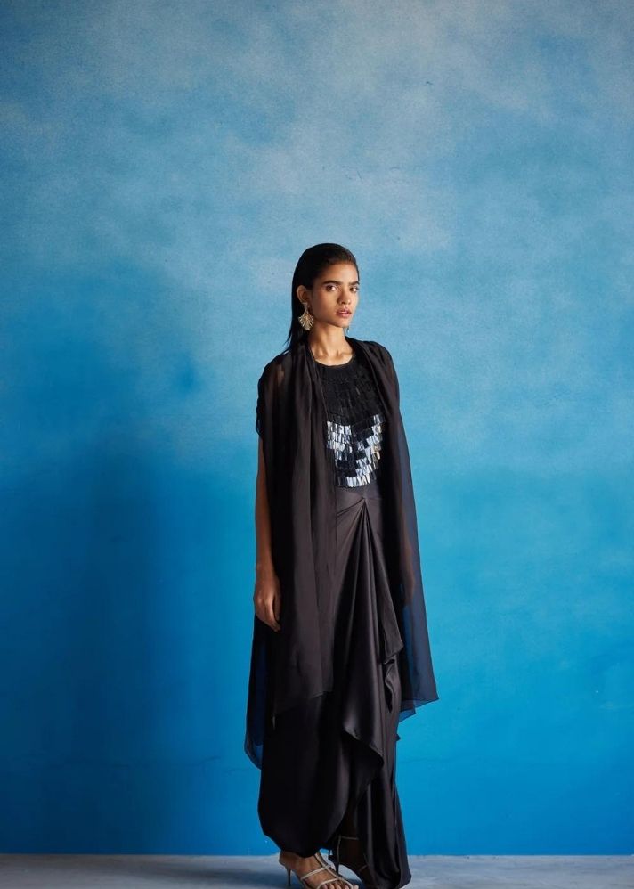 A Model Wearing Black Bemberg Toucan Organza Draw String Cape, curated by Only Ethikal