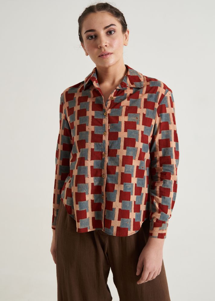A Model Wearing Multicolor Handwoven Cotton Block printed relaxed fit shirt, curated by Only Ethikal
