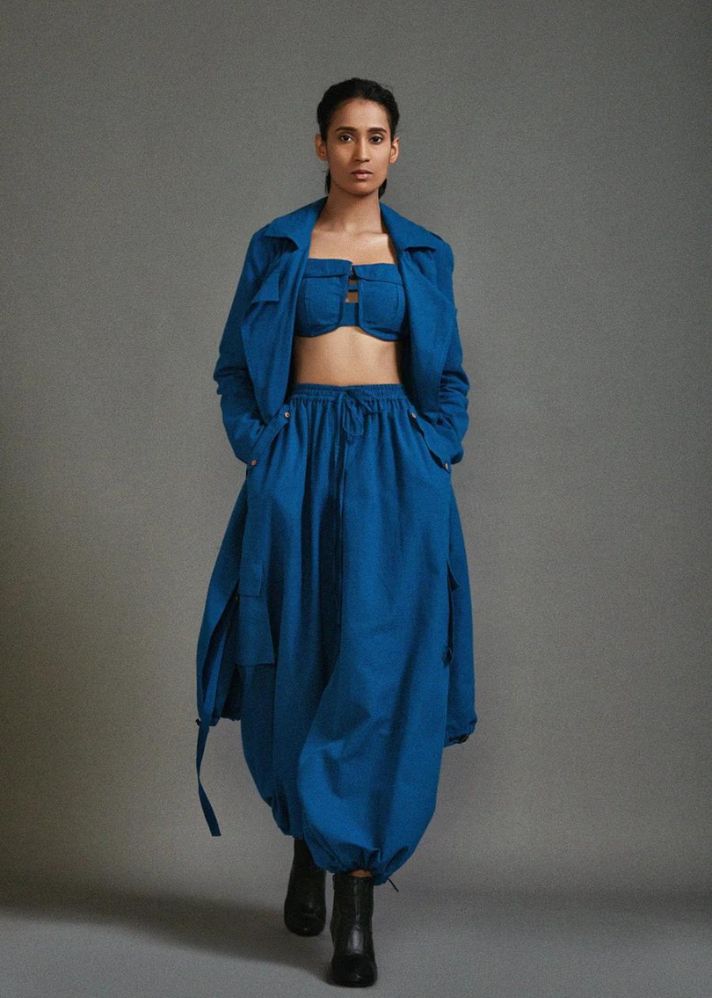 A Model Wearing Blue Handwoven Cotton Safari Cargo Trench Set, curated by Only Ethikal
