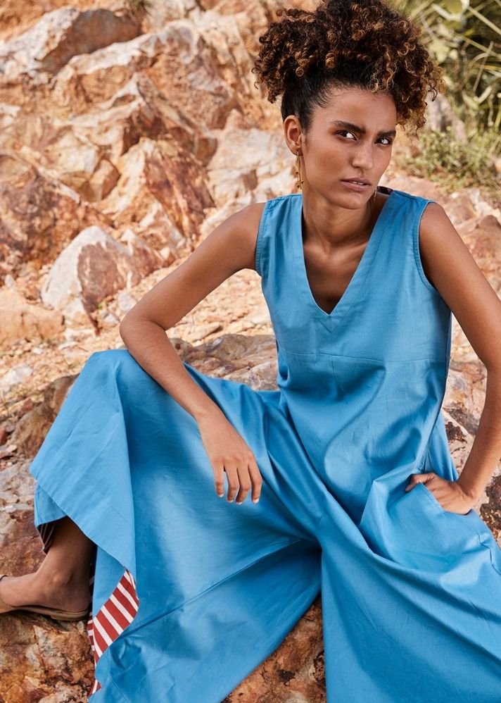 A Model Wearing Blue Pure Cotton Whisper Of Air Jumpsuit, curated by Only Ethikal