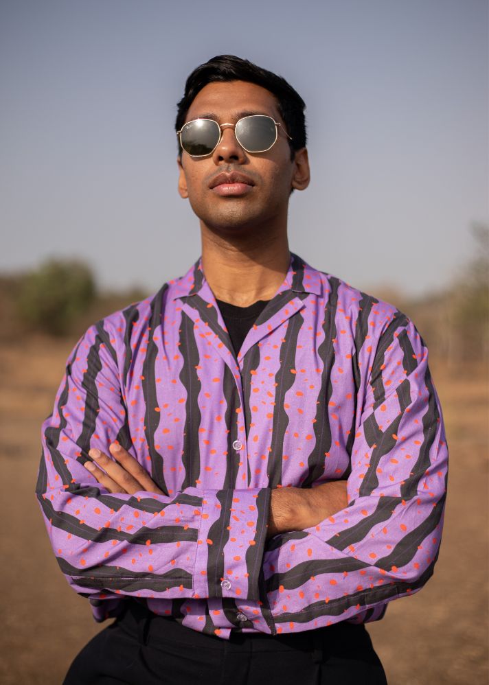 Man wearing Pure Cotton Purple Leilani Unisex Shirt by Label Graph curated by Only ethikal