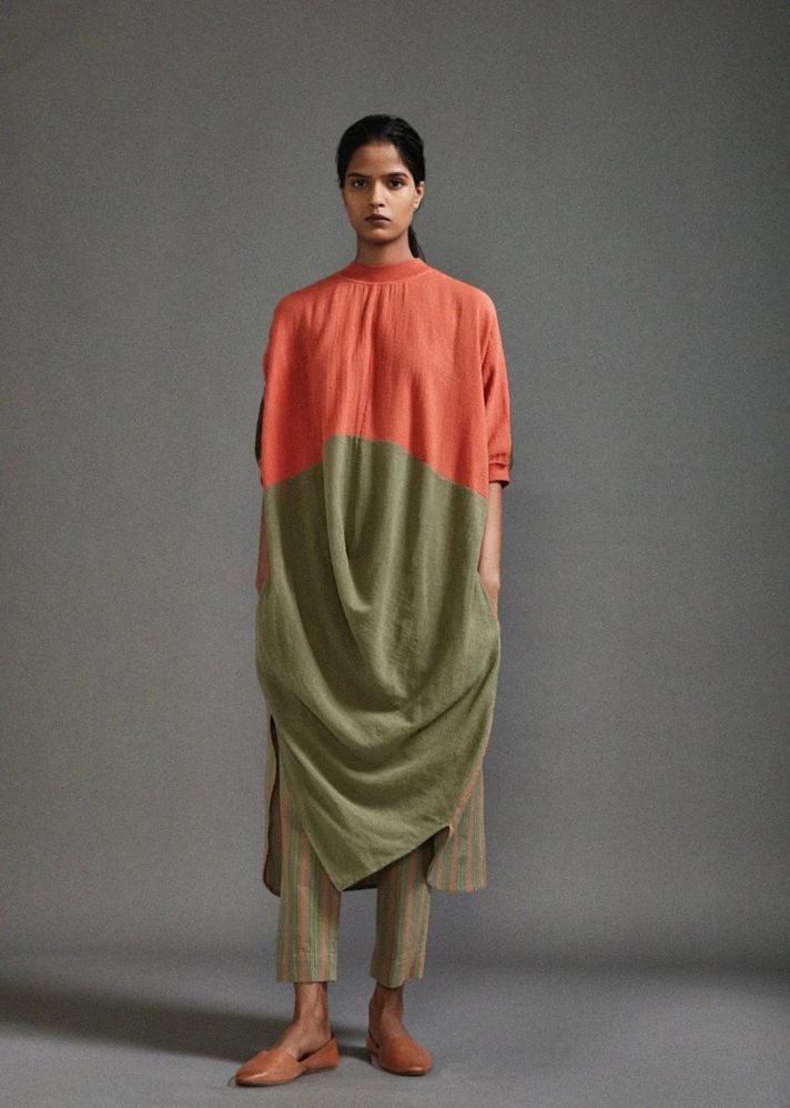A Model Wearing Orange and green Handwoven Cotton Cb Cowl Tunic Set, curated by Only Ethikal
