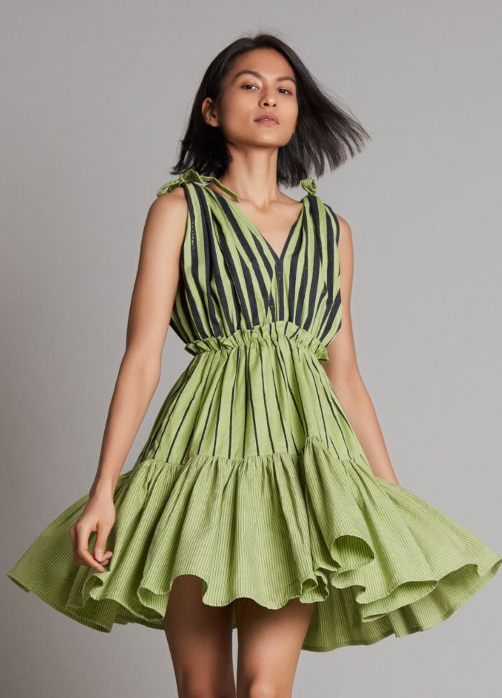 A Model Wearing  Green Pure Cotton Lakeerein Green Frill Dress, curated by Only Ethikal
