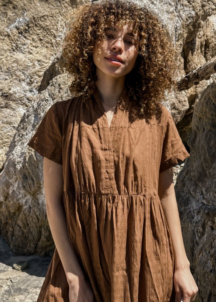 A Model Wearing Brown Handwoven Cotton Antique brown midi dress, curated by Only Ethikal