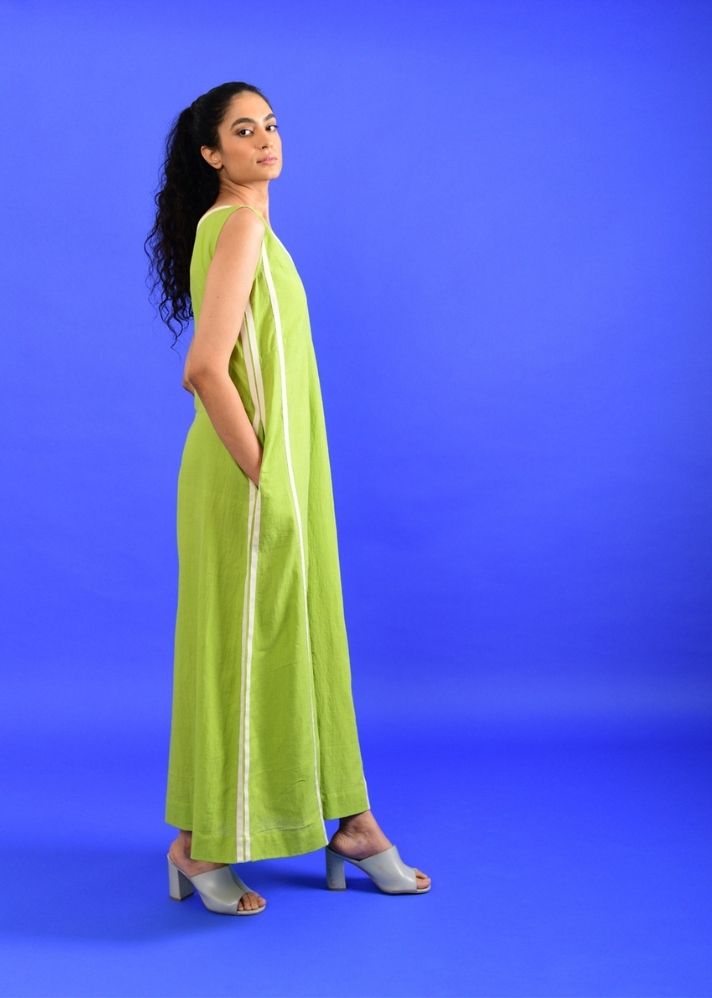 A Model Wearing Green Handwoven Cotton Scream Green Jumpsuit , curated by Only Ethikal
