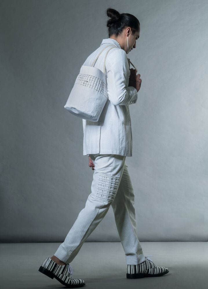 A model wearing  White Jute Jacket With Pin Tucks, curated by Only Ethikal