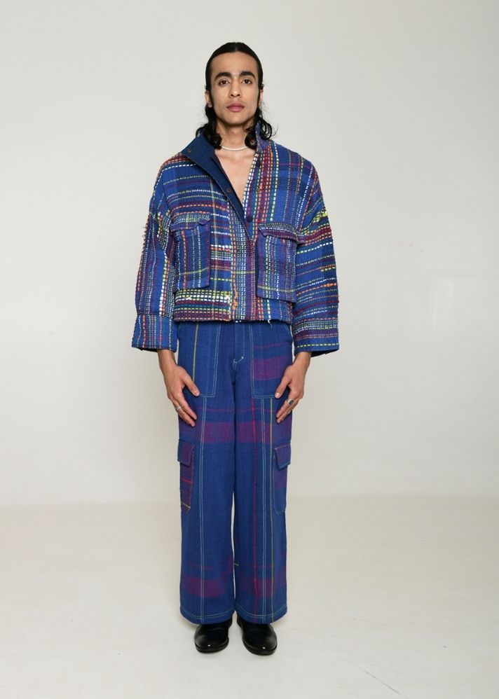 A Model Wearing Multicolor Handwoven Cotton Recycle Indigo Fujita Jacket, curated by Only Ethikal